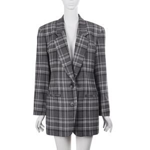VINTAGE Liz Claiborne Blazer 8 Gray Plaid 100% Wool 2-Button Longline 80s 90s